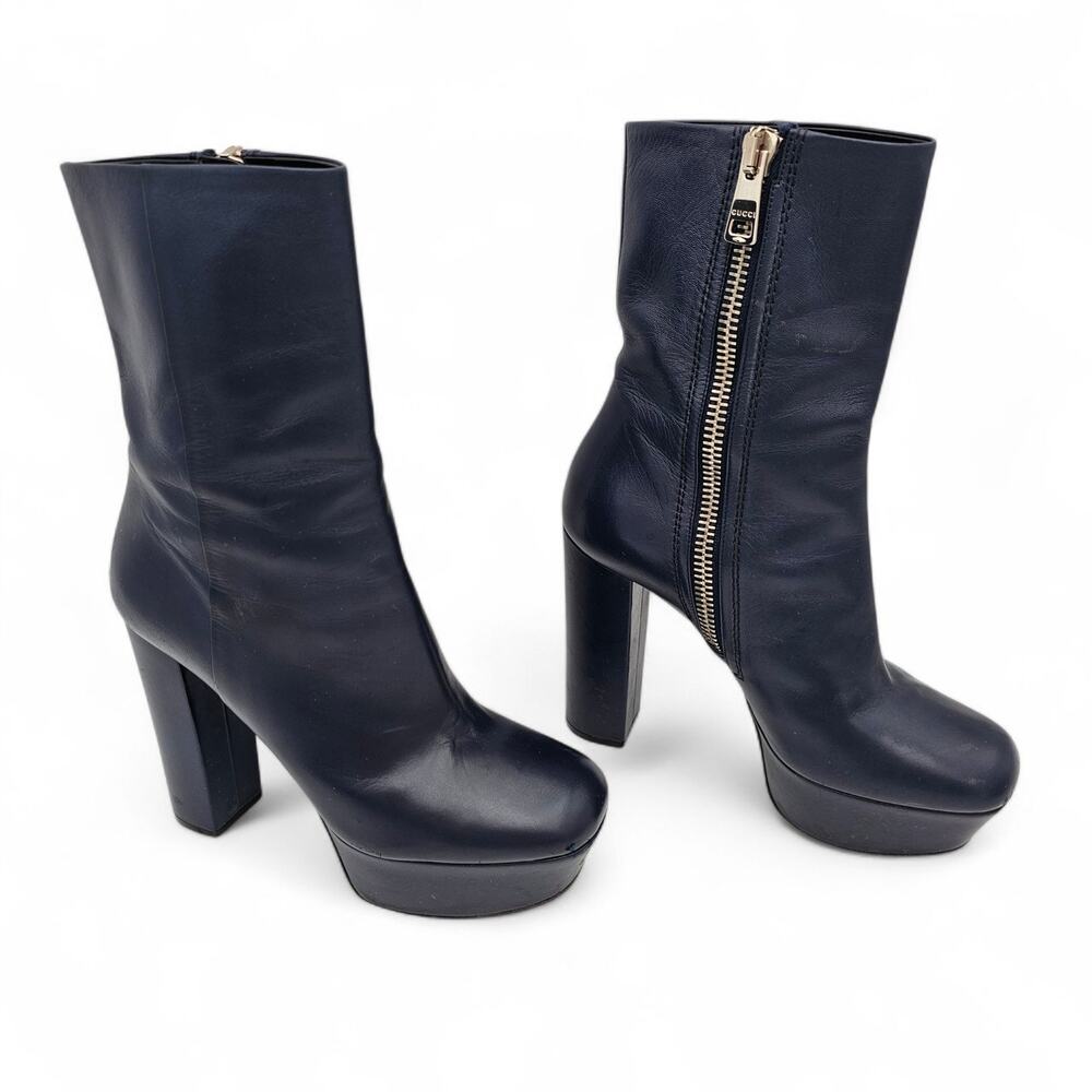 Gucci Platform Block Heel Short Boot Navy Blue Leather Zip Up Size 37 US 7